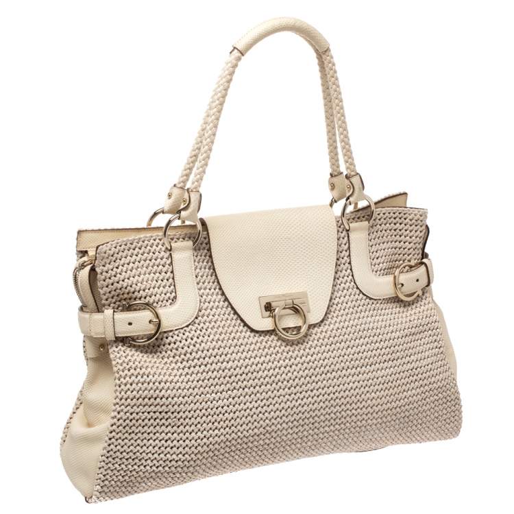Pre Owned Salvatore Ferragamo Cream Woven Straw and Lizard Embossed Leather Satchel