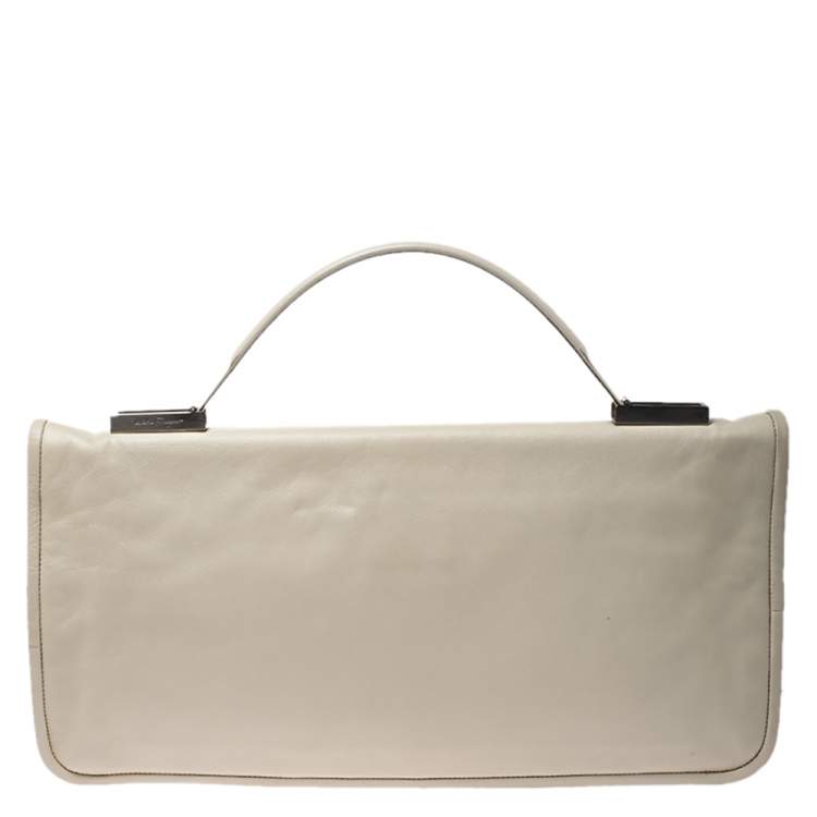 Pre Owned Salvatore Ferragamo Cream Leather Gancini Top Handle Bag