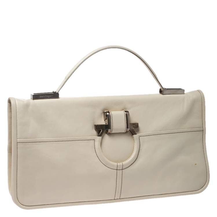 Pre Owned Salvatore Ferragamo Cream Leather Gancini Top Handle Bag