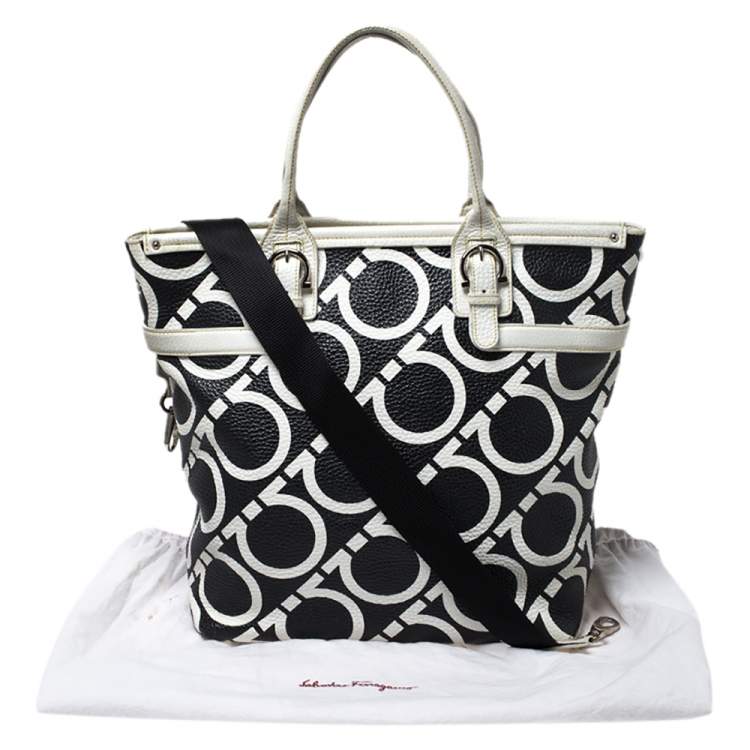 Pre Owned Salvatore Ferragamo Black/White Gancini Print Leather Tote