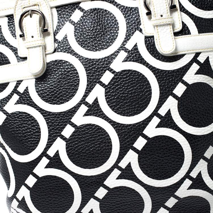 Pre Owned Salvatore Ferragamo Black/White Gancini Print Leather Tote