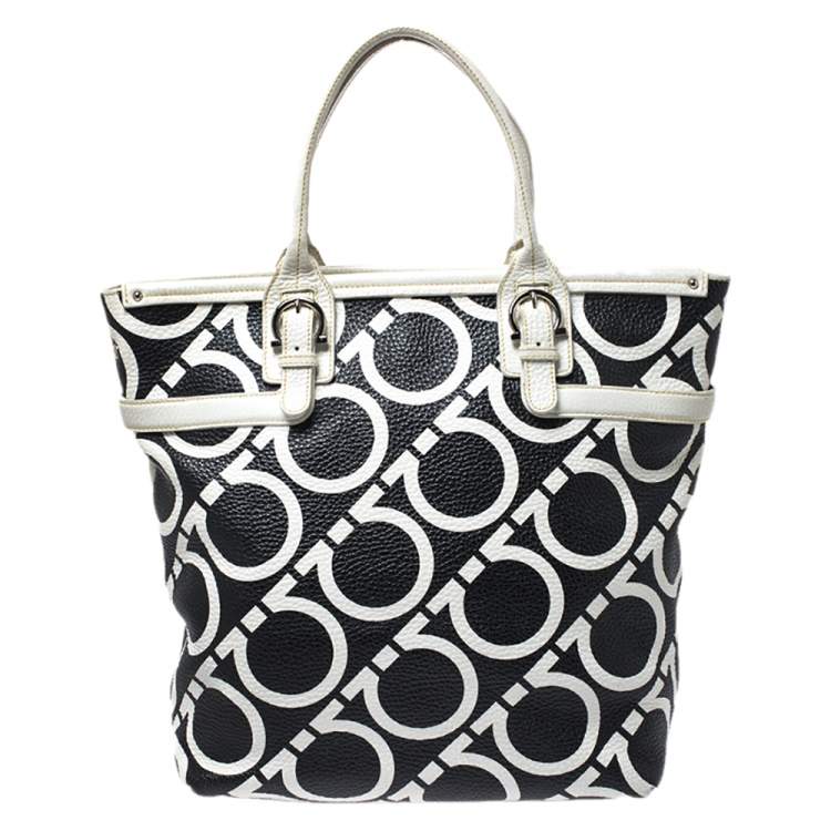Pre Owned Salvatore Ferragamo Black/White Gancini Print Leather Tote