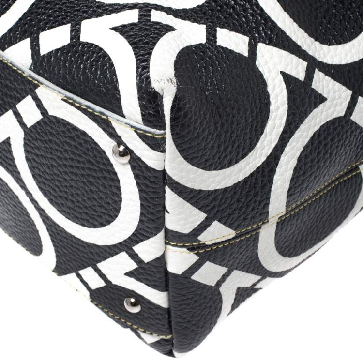 Pre Owned Salvatore Ferragamo Black/White Gancini Print Leather Tote