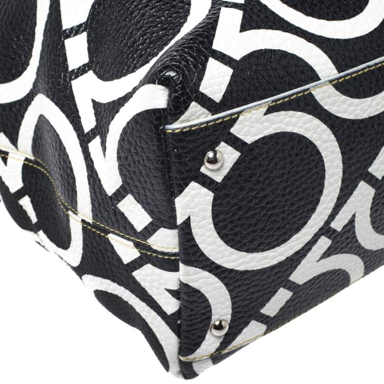 Pre Owned Salvatore Ferragamo Black/White Gancini Print Leather Tote