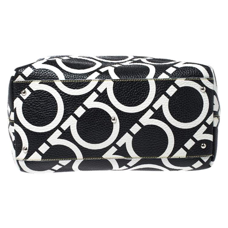 Pre Owned Salvatore Ferragamo Black/White Gancini Print Leather Tote
