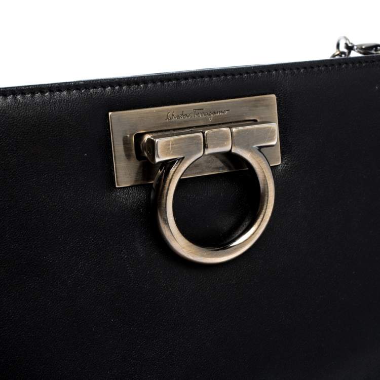 Pre Owned Salvatore Ferragamo Black Leather Gancini Chain Clutch