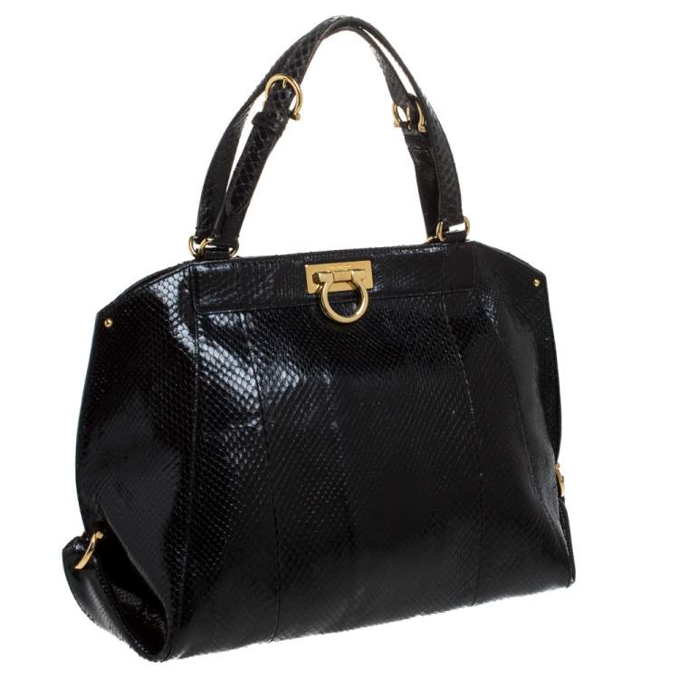 Pre Owned Salvatore Ferragamo Black Python Large Satchel