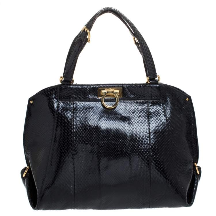 Pre Owned Salvatore Ferragamo Black Python Large Satchel
