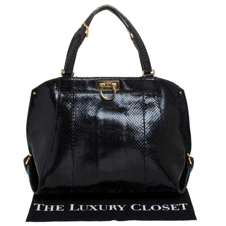 Pre Owned Salvatore Ferragamo Black Python Large Satchel