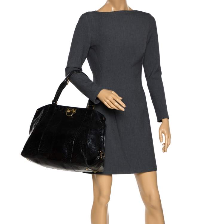 Pre Owned Salvatore Ferragamo Black Python Large Satchel