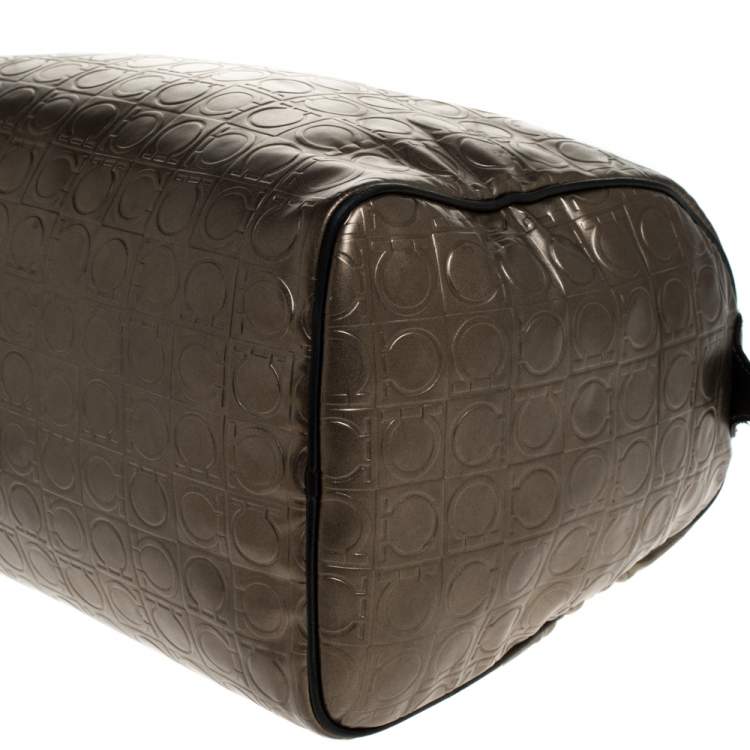 Pre Owned Salvatore Ferragamo Metallic Brown Gancini Embossed Leather Boston Bag