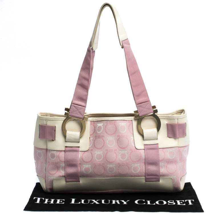 Pre Owned Salvatore Ferragamo Pink/Cream Gancini Canvas and Leather Tote