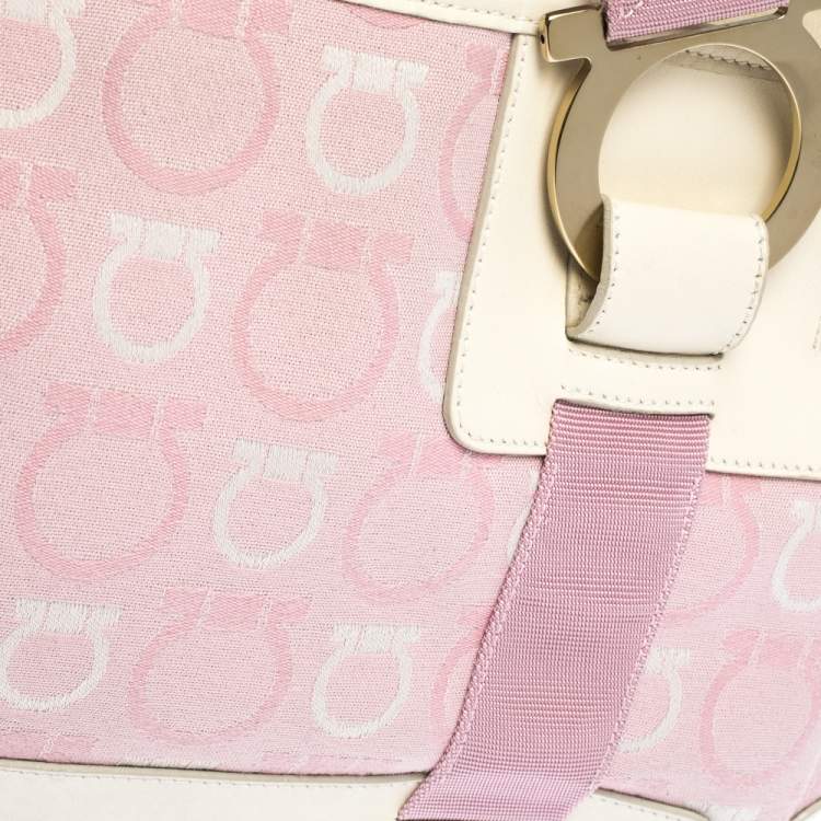 Pre Owned Salvatore Ferragamo Pink/Cream Gancini Canvas and Leather Tote