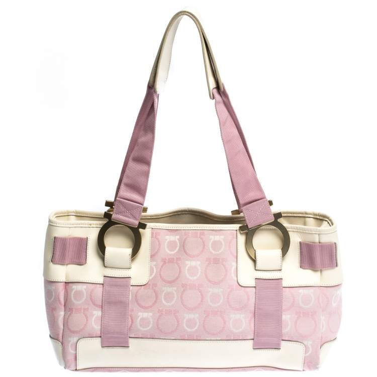 Pre Owned Salvatore Ferragamo Pink/Cream Gancini Canvas and Leather Tote