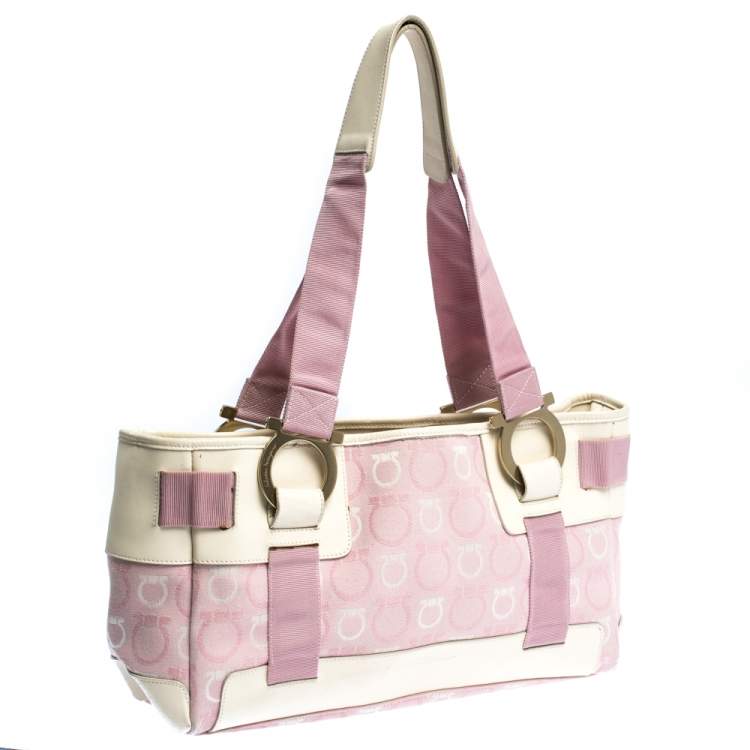 Pre Owned Salvatore Ferragamo Pink/Cream Gancini Canvas and Leather Tote