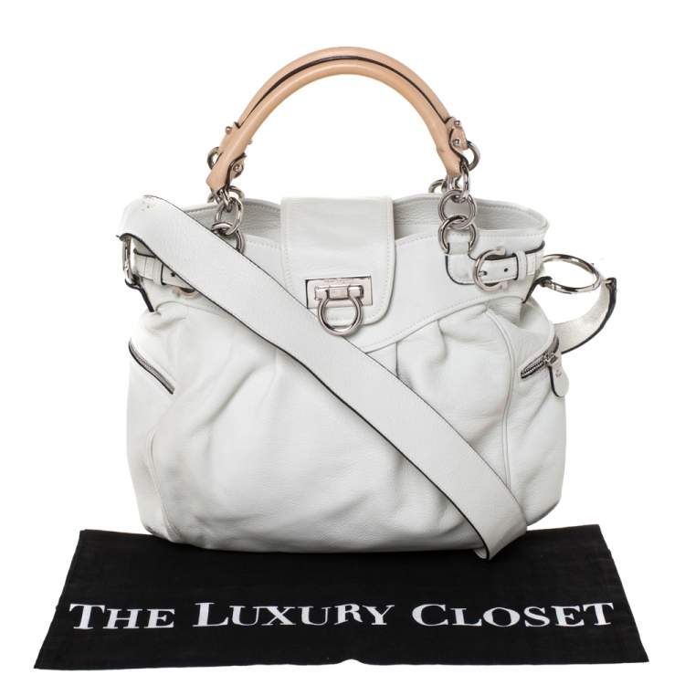 Pre Owned Salvatore Ferragamo White/Beige Leather Marisa Satchel