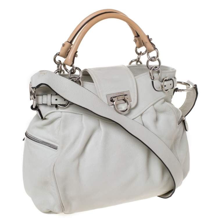 Pre Owned Salvatore Ferragamo White/Beige Leather Marisa Satchel