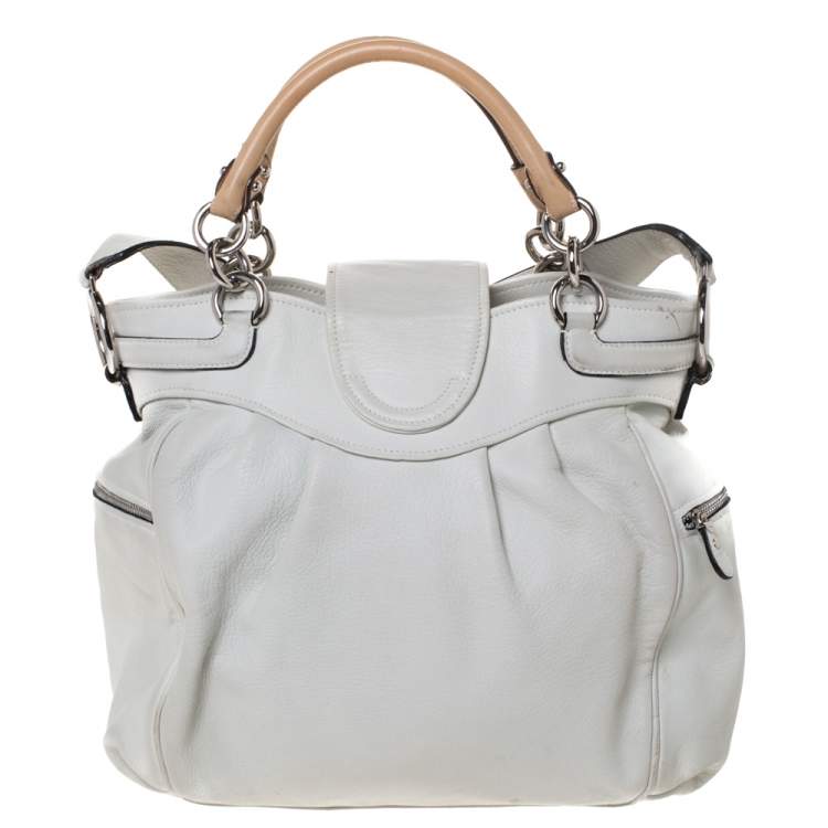Pre Owned Salvatore Ferragamo White/Beige Leather Marisa Satchel