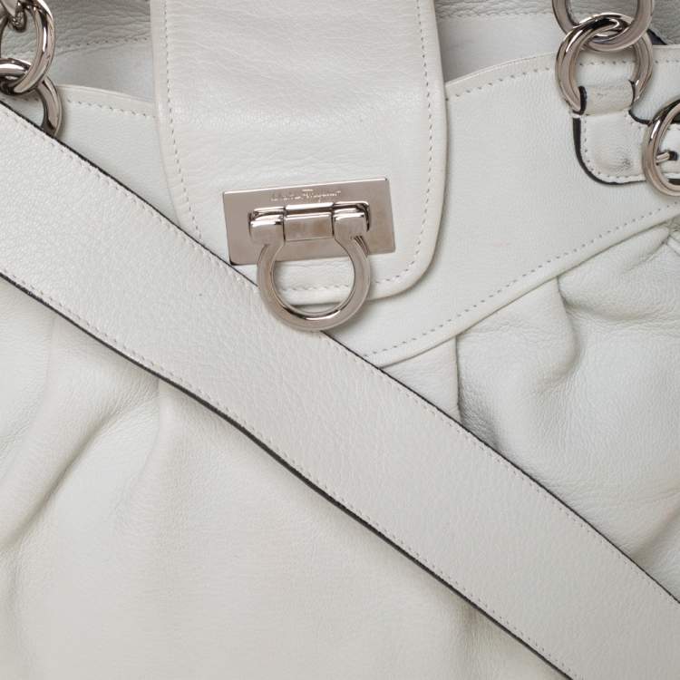 Pre Owned Salvatore Ferragamo White/Beige Leather Marisa Satchel