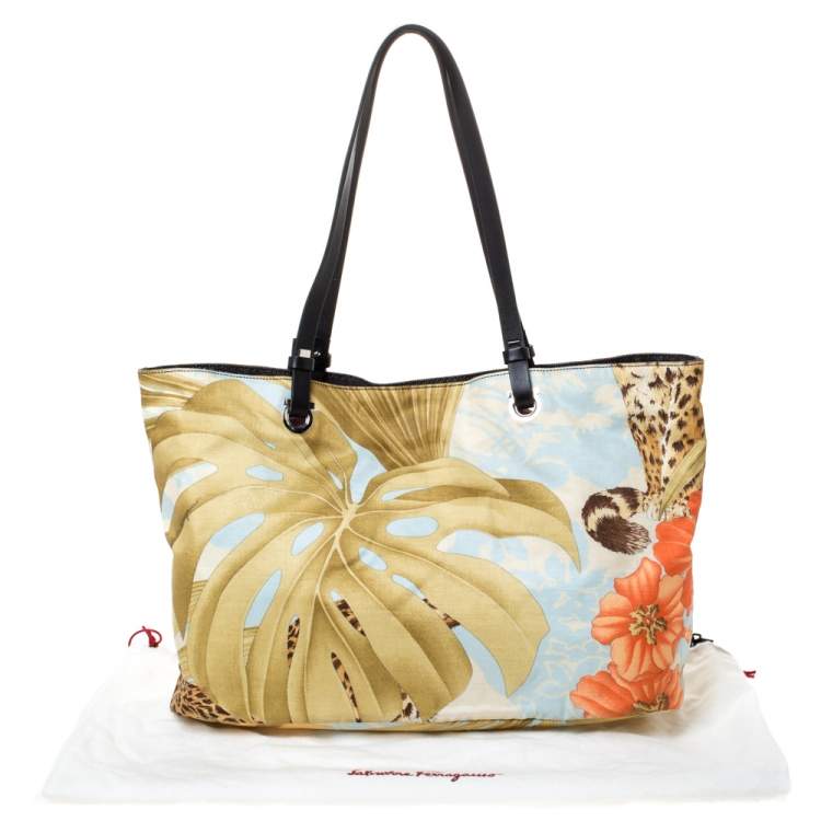 Pre Owned Salvatore Ferragamo Multicolor Floral Print Satin and Leather Tote