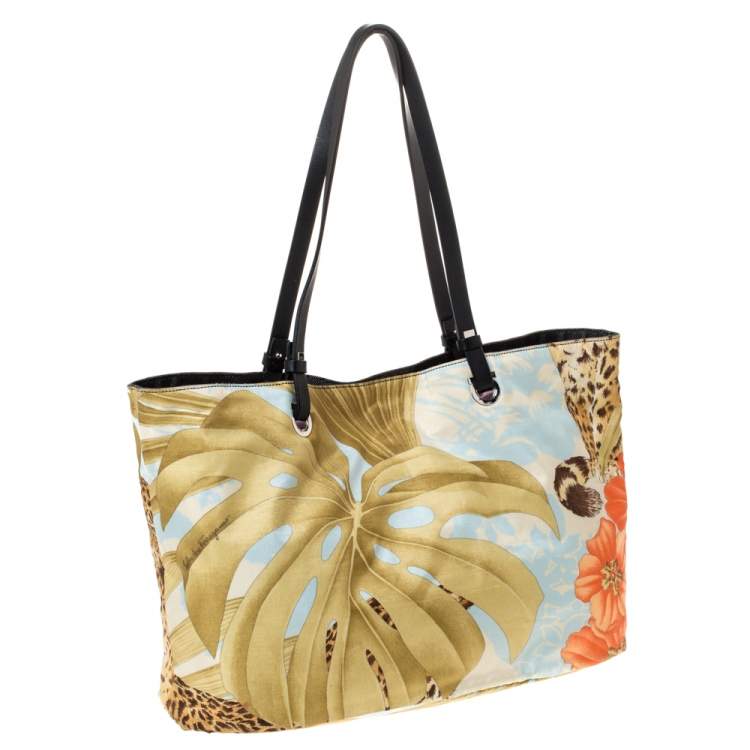 Pre Owned Salvatore Ferragamo Multicolor Floral Print Satin and Leather Tote