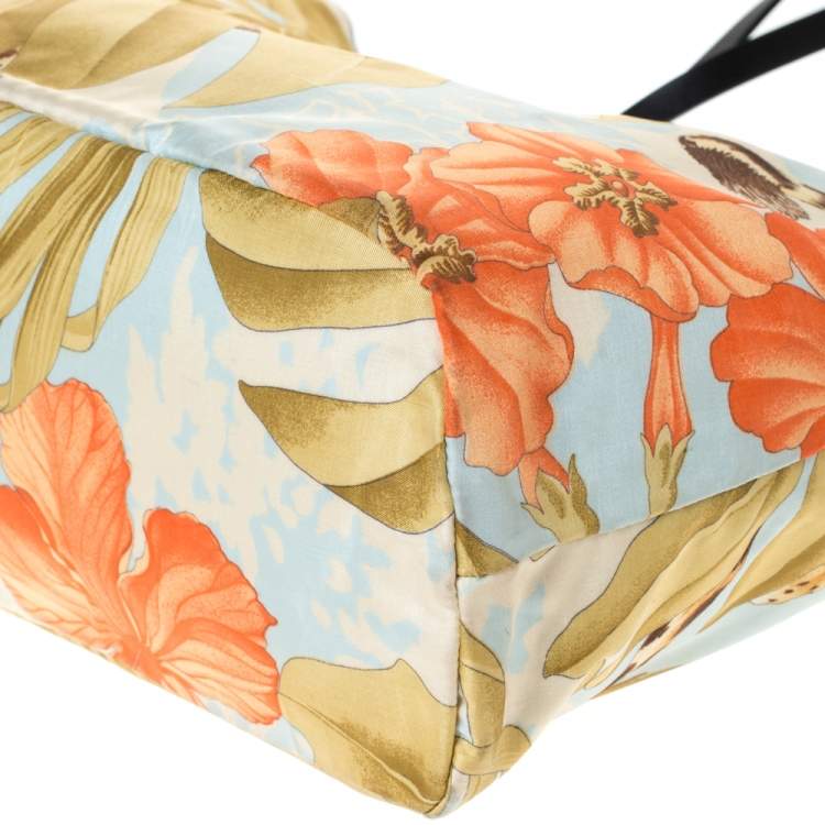 Pre Owned Salvatore Ferragamo Multicolor Floral Print Satin and Leather Tote