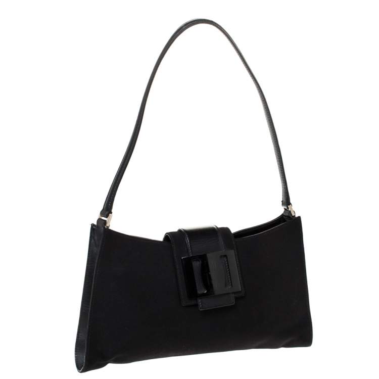 Pre Owned Salvatore Ferragamo Black Canvas and Leather Baguette Bag