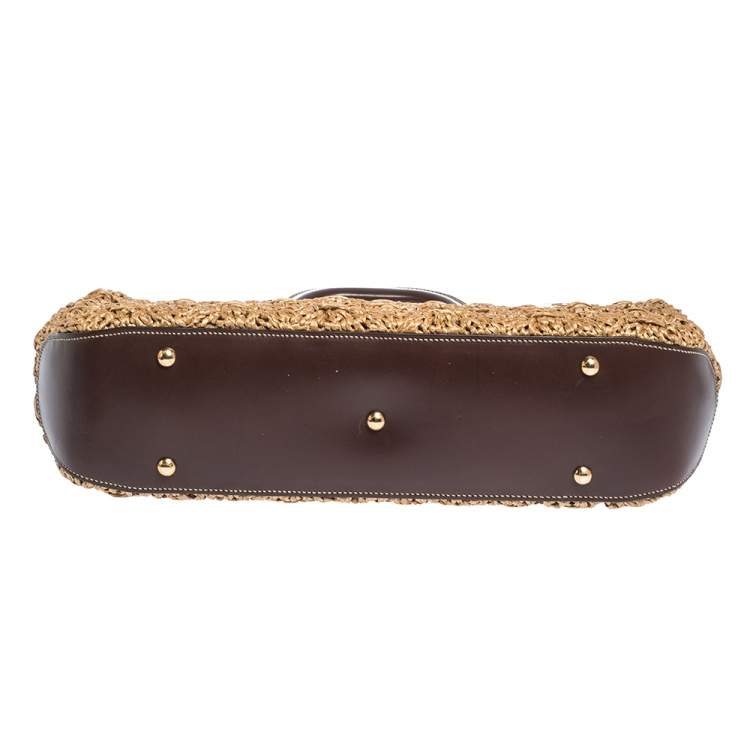 Pre Owned Salvatore Ferragamo Brown Straw and Leather Satchel