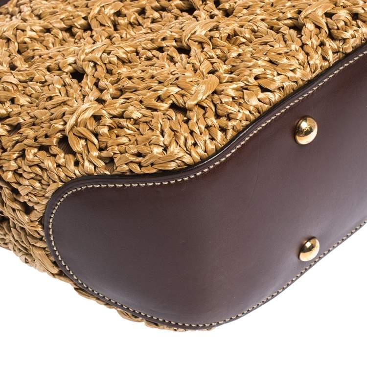 Pre Owned Salvatore Ferragamo Brown Straw and Leather Satchel