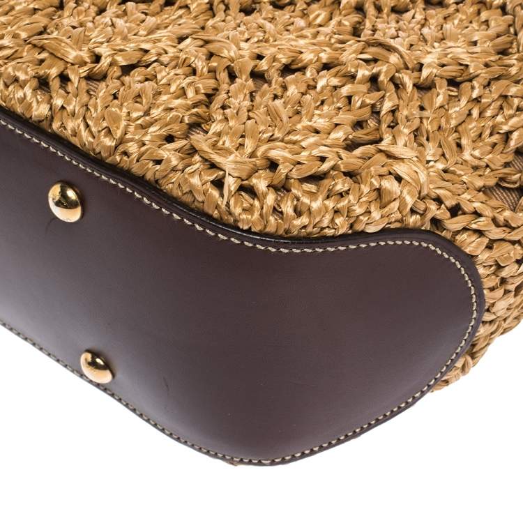 Pre Owned Salvatore Ferragamo Brown Straw and Leather Satchel