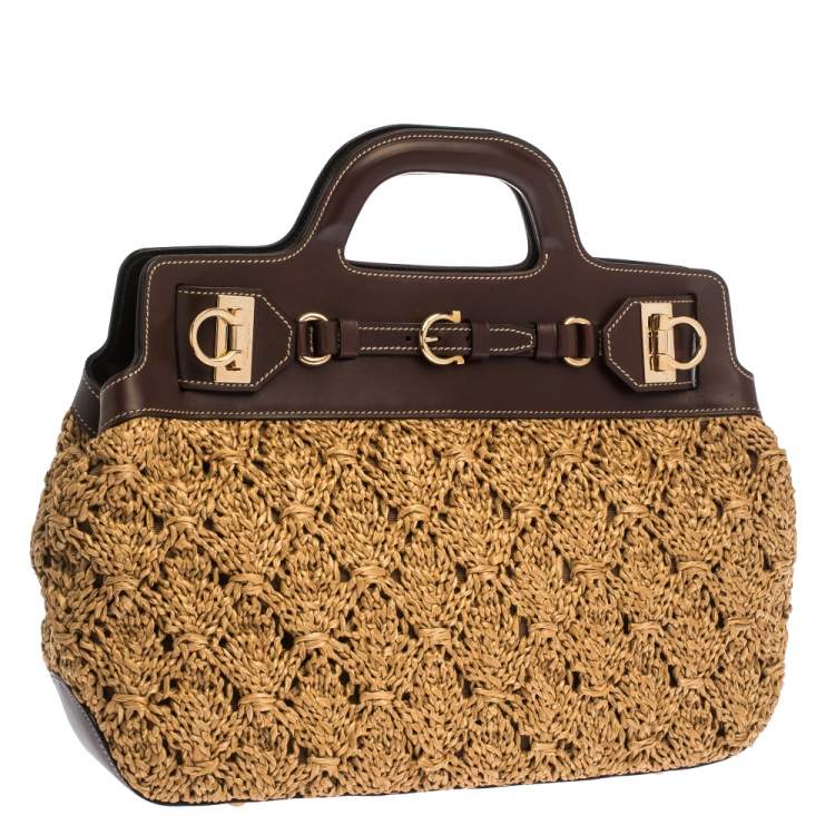 Pre Owned Salvatore Ferragamo Brown Straw and Leather Satchel
