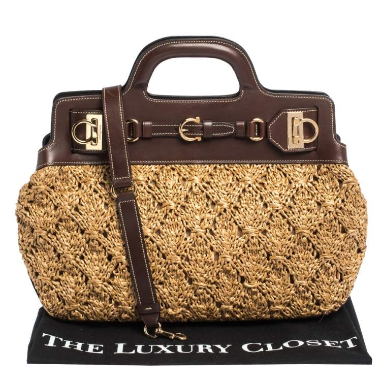 Pre Owned Salvatore Ferragamo Brown Straw and Leather Satchel