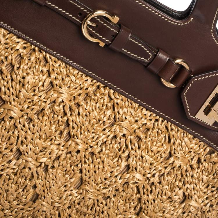 Pre Owned Salvatore Ferragamo Brown Straw and Leather Satchel