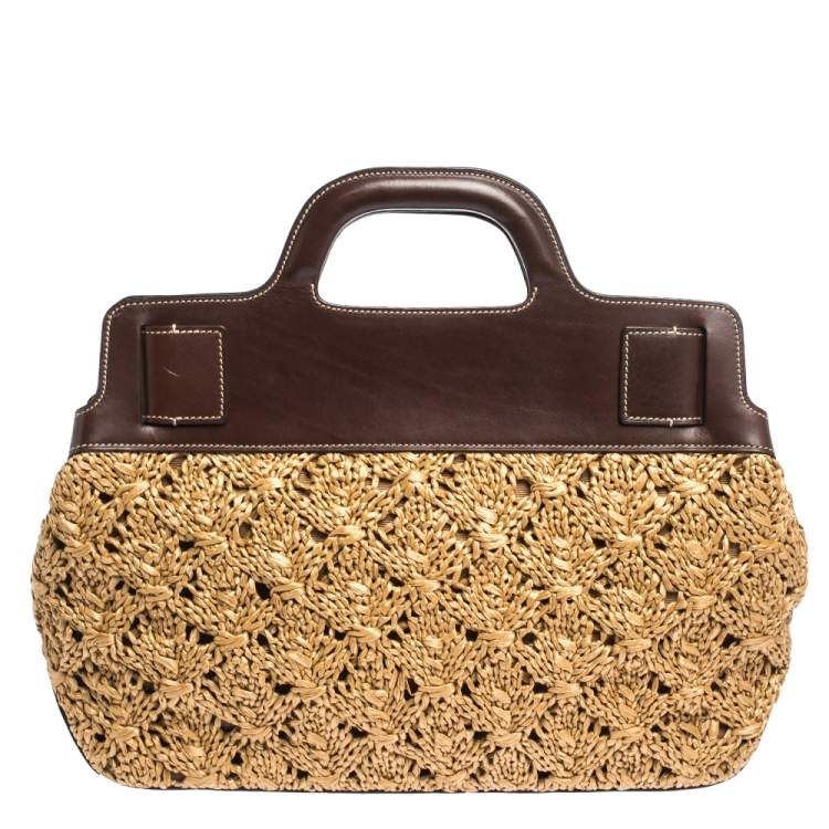 Pre Owned Salvatore Ferragamo Brown Straw and Leather Satchel
