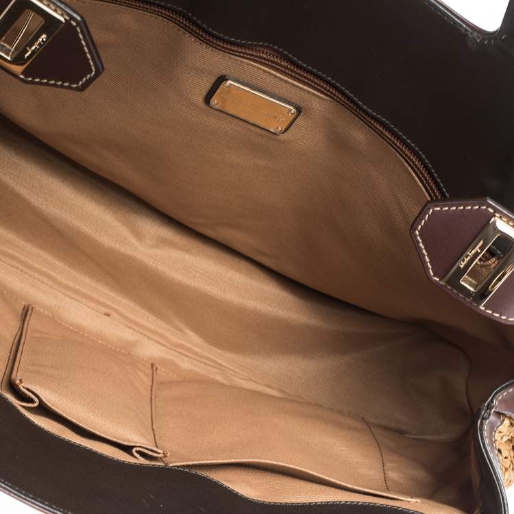 Pre Owned Salvatore Ferragamo Brown Straw and Leather Satchel