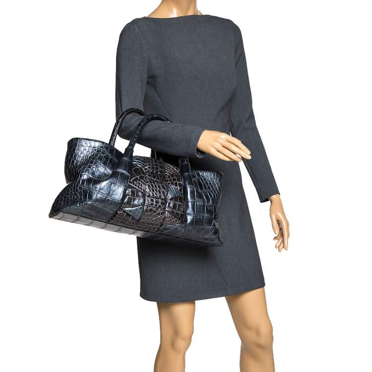 Pre Owned Salvatore Ferragamo Metallic Dark Grey Alligator Middle Zip Tote