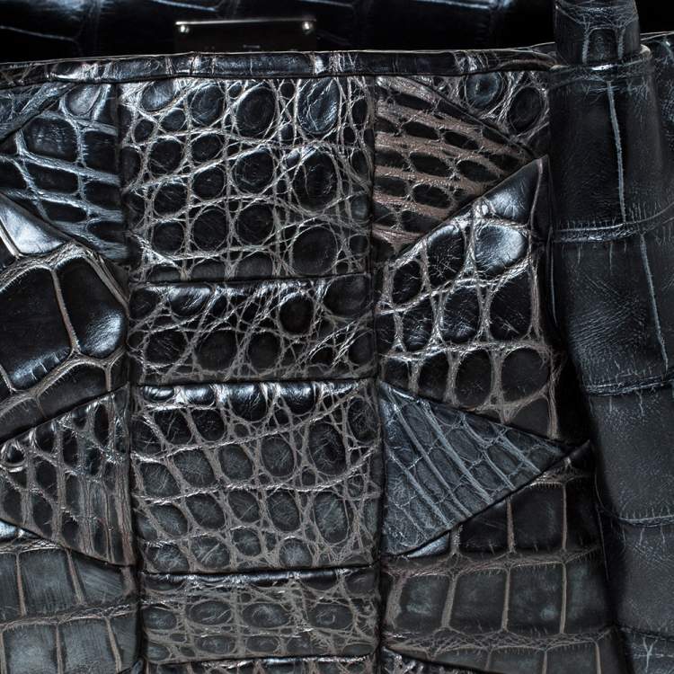 Pre Owned Salvatore Ferragamo Metallic Dark Grey Alligator Middle Zip Tote