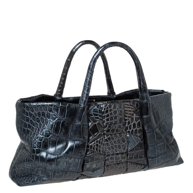 Pre Owned Salvatore Ferragamo Metallic Dark Grey Alligator Middle Zip Tote