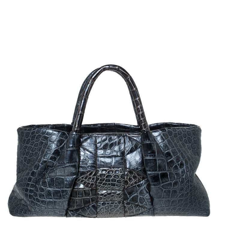Pre Owned Salvatore Ferragamo Metallic Dark Grey Alligator Middle Zip Tote