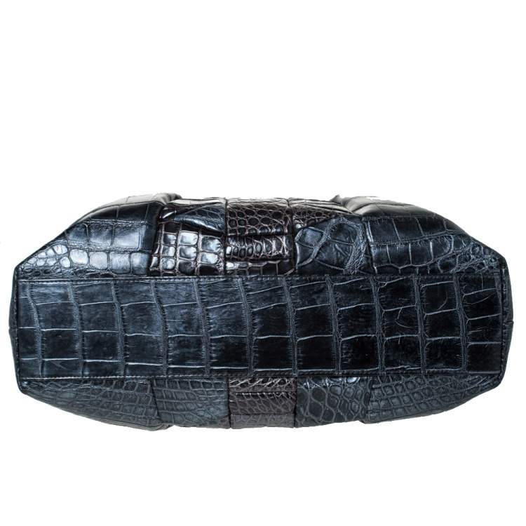 Pre Owned Salvatore Ferragamo Metallic Dark Grey Alligator Middle Zip Tote