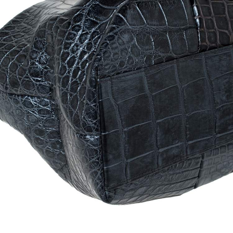 Pre Owned Salvatore Ferragamo Metallic Dark Grey Alligator Middle Zip Tote