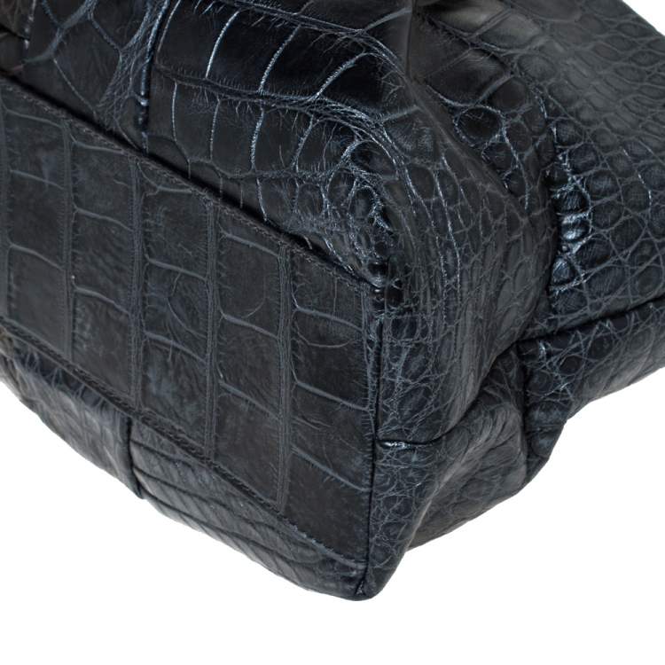 Pre Owned Salvatore Ferragamo Metallic Dark Grey Alligator Middle Zip Tote