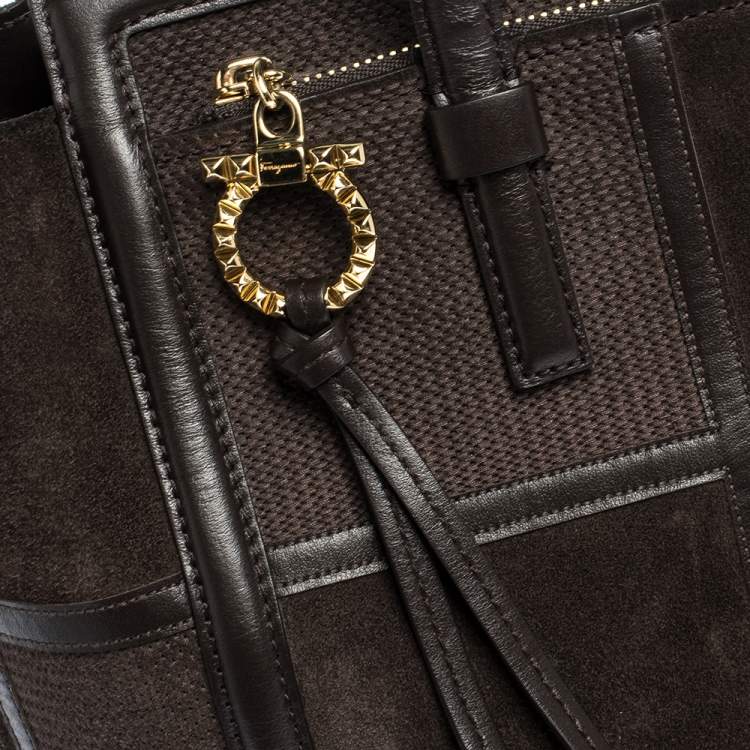 مملوكة مسبقًا Salvatore Ferragamo Dark Brown Canvas,Suede and Leather Patchwork Amy Tote