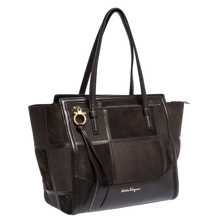 مملوكة مسبقًا Salvatore Ferragamo Dark Brown Canvas,Suede and Leather Patchwork Amy Tote