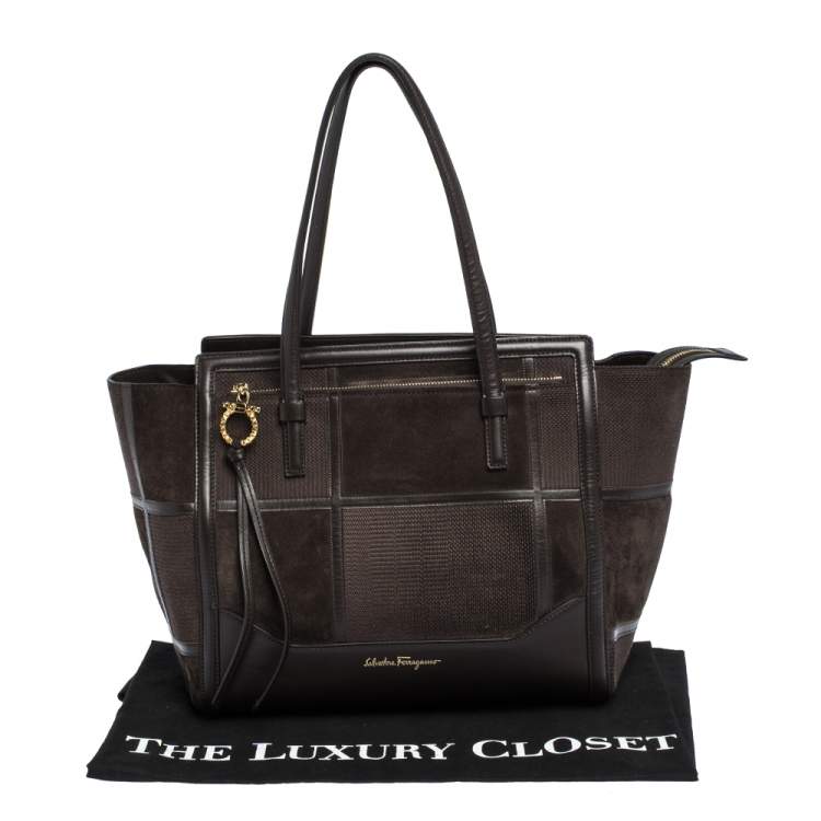 مملوكة مسبقًا Salvatore Ferragamo Dark Brown Canvas,Suede and Leather Patchwork Amy Tote