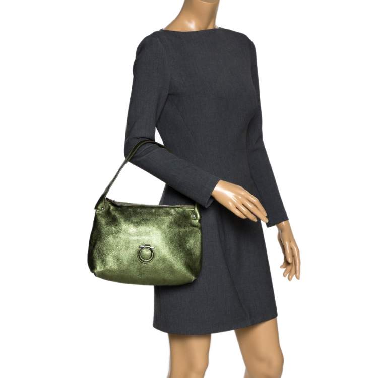 Pre Owned Salvatore Ferragamo Metallic Green Leather Gancio Hobo