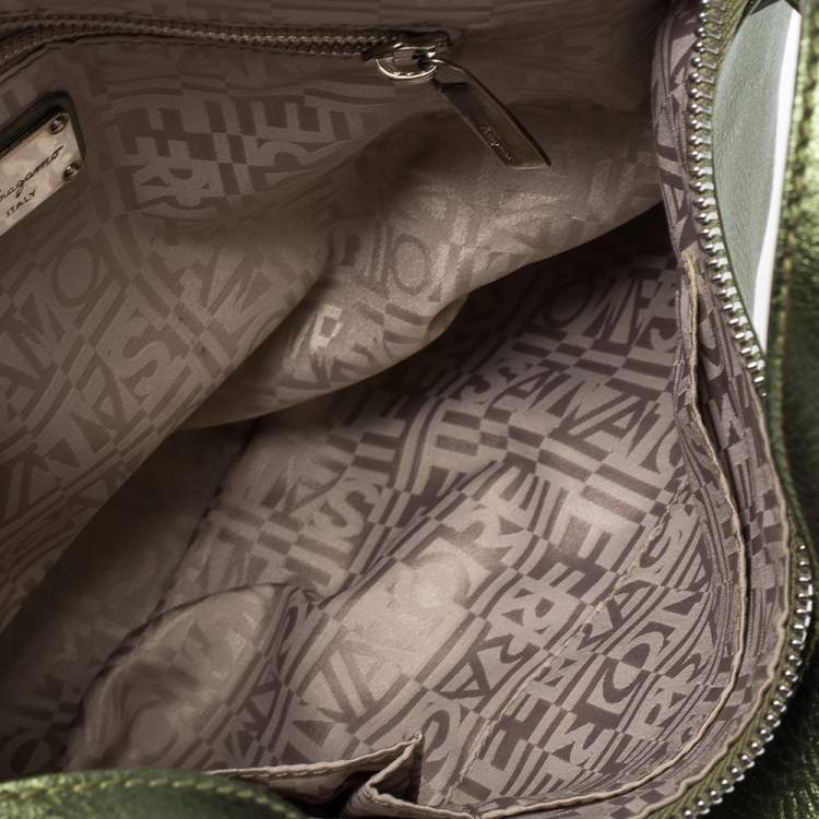 Pre Owned Salvatore Ferragamo Metallic Green Leather Gancio Hobo