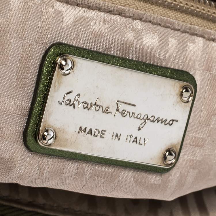 Pre Owned Salvatore Ferragamo Metallic Green Leather Gancio Hobo
