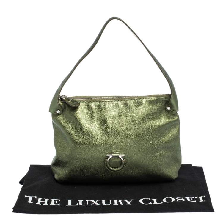 Pre Owned Salvatore Ferragamo Metallic Green Leather Gancio Hobo