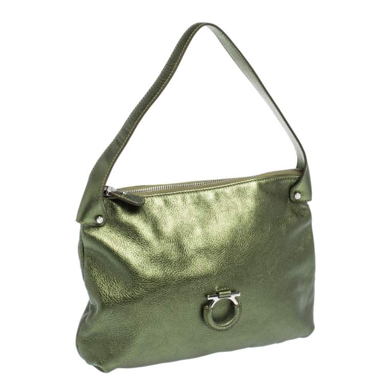 Pre Owned Salvatore Ferragamo Metallic Green Leather Gancio Hobo